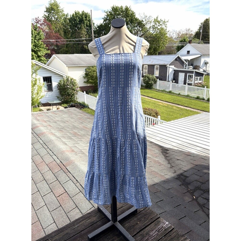 Madewell Blue Embroidered Floral Button Back Tiered Boho Midi Sun Dress Sz 4 - Picture 2 of 5